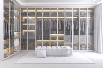 White walk in closet room at home with island and carpet, 3d rendering, Mock up.
