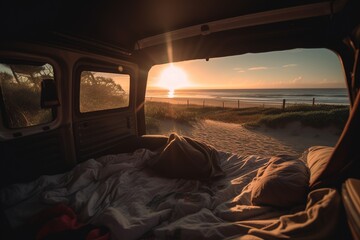Cozy interior of camper van with view of ocean outside