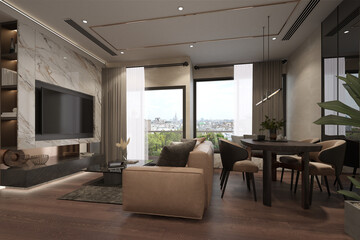 Modern interior design livingroom, Lighting and sunny modern apartment with large windows and view city, 3d rendering
