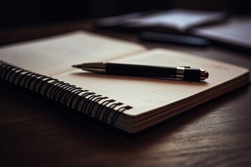 Fototapeta premium notebook with a pen on a wooden surface. Generative AI