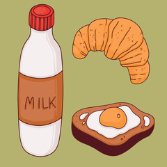 Breakfast. A set of food items. Milk, croissant and egg sandwich