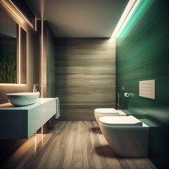 Naklejka na ściany i meble Luxurious guest toilet in light green tones, ai generated