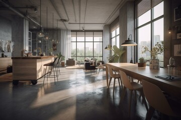 Fototapeta na wymiar Modern coworking space with concrete interior, furniture, equipment, and windows. Rendered in 3D. Generative AI