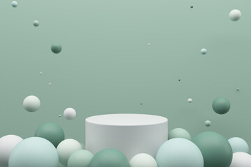 Minimal product podium stage with multicolor balloons in geometric shape for presentation background. Abstract background and decoration scene template. 3D render
