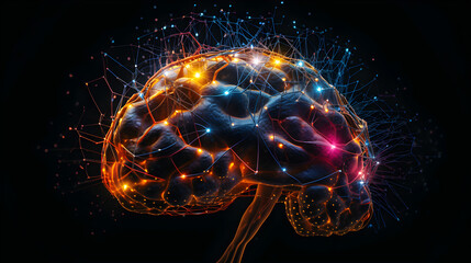 Artificial intelligence concept in form of a brain with colorful glow on dark background. Generative AI.