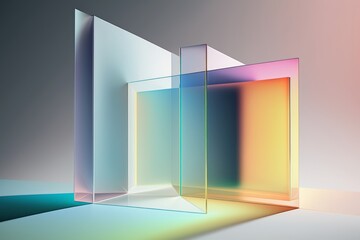 Digital floating glass panel layers in gradient pastel light. Generative AI