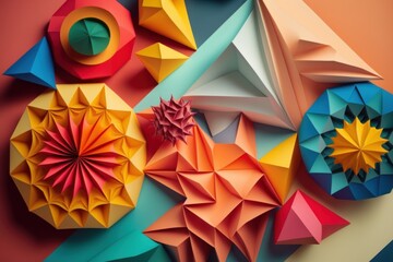 Colorful paper folded in a variety of geometric shapes. Generative AI