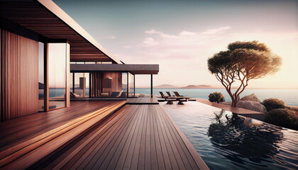 Luxury Wood Terrace, Wood Architecture, Modern Eco Hotel Drawing Imitation, Abstract Generative AI Illustration