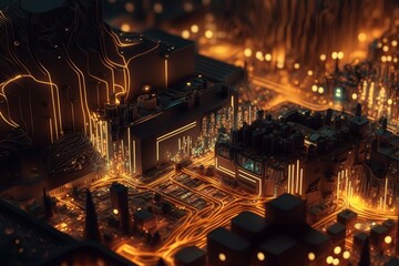 Circuit board city layered with lights. Generative AI