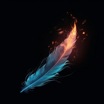 A colorful illustration of a mysterious feather enveloped in a blue glow