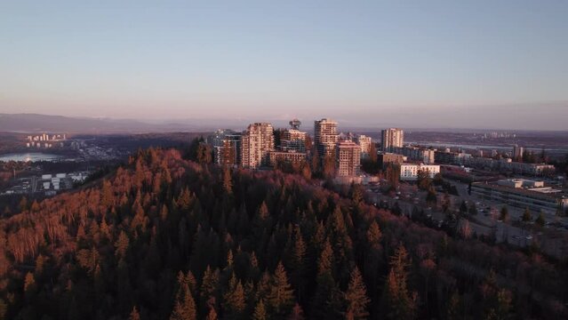 Aerial footage of Simon Fraser University at sunset, Vancouver, BC, university campus. 4K 24FPS