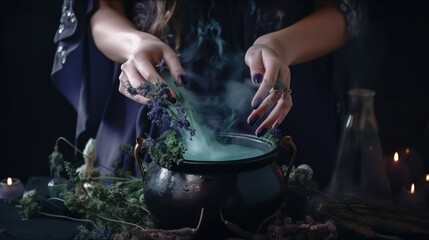 Witch mixing herbs in a cauldron, mystical wiccan ambiental background with intricate details generative ai