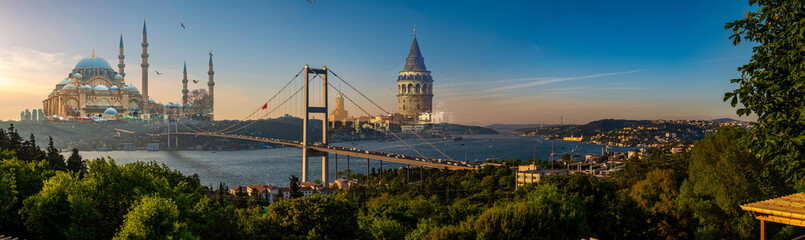 Istanbul Bosphorus panoramic photo. Istanbul landscape beautiful sunset with clouds Suleymaniye...