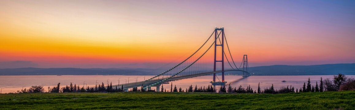 Panaromic 1915 Canakkale Bridge in Canakkale, Turkey. World's longest suspension bridge opened in Turkey. Turkish: 1915 Canakkale Koprusu panoroma. Bridge connect the Lapseki to the Gelibolu.