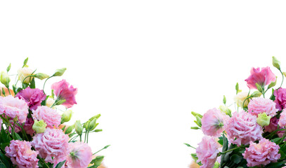 Pink rose and eustoma flowers isolated on white background