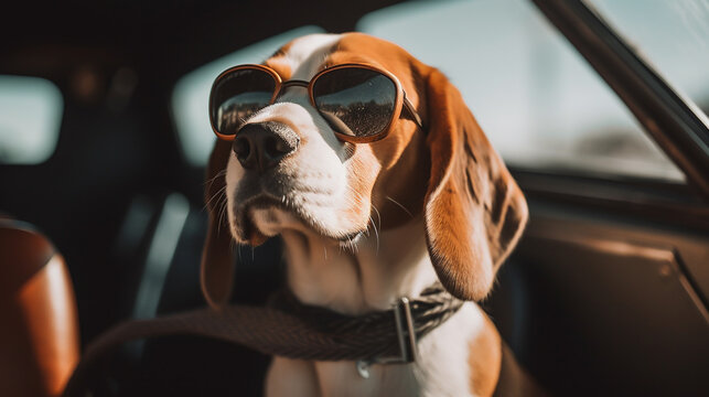 funny beagle dog in sunglasses in the summer sitting in the car, pets, rest with animals, life with animals. The image is generated using artificial intelligence