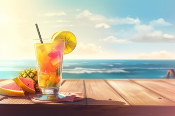 Obraz premium Sipping a Refreshing Tropical Cocktail on a Sandy Beach Bar Table, Enjoying a Perfect Summer Vacation, Generative AI