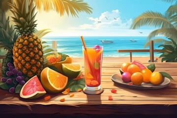 Sipping a Refreshing Tropical Cocktail on a Sandy Beach Bar Table, Enjoying a Perfect Summer Vacation, Generative AI