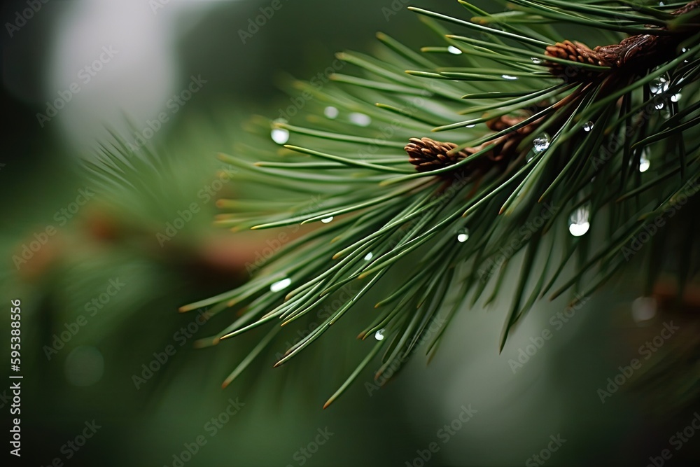 Wall mural fresh pine branch with dew drops on it. Generative AI