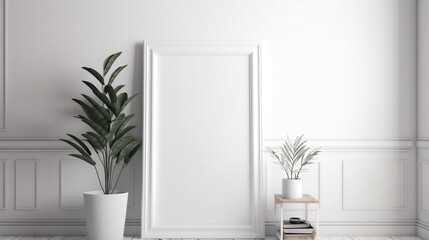 Blank vertical picture frame mockup. White wall background. Empty copy space. Scandinavian interior. Generative AI.