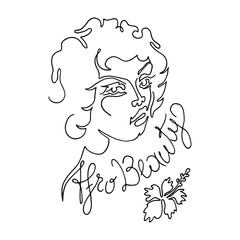 African woman face line drawing. Curly hair linear. Minimalistic abstract women portrait continuous line art for logo, prints, tattoos, posters, textiles, postcards. Vector illustration