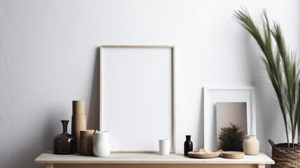 Blank vertical picture frame mockup. White wall background. Empty copy space. Scandinavian interior. Generative AI.