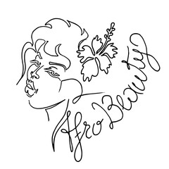 African woman face line drawing. Curly hair linear. Minimalistic abstract women portrait continuous line art for logo, prints, tattoos, posters, textiles, postcards. Vector illustration