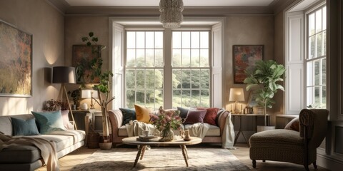Fototapeta na wymiar English countryside interior design room with beautiful lightning generative ai