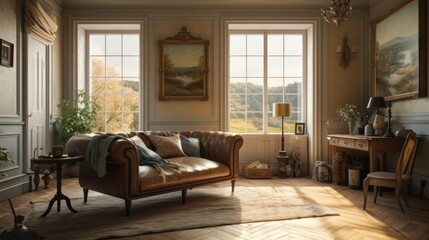 Naklejka na ściany i meble English countryside interior design room with beautiful lightning generative ai