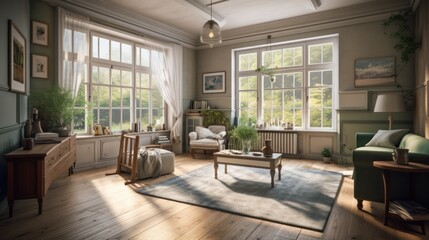Fototapeta premium English countryside interior design room with beautiful lightning generative ai