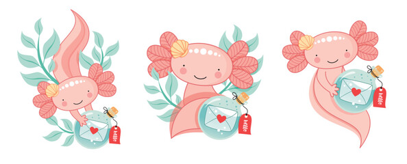 Axolotl mit Flaschenpost Illustration Kawaii Vektoren