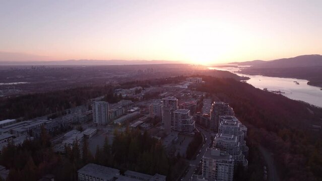 Aerial footage of Simon Fraser University at sunset, Vancouver, BC, university campus. PRORES 422 4K 24FPS