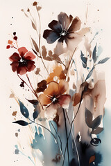 Assortment of dark colored flowers against a natural background in watercolor style. AI Generated