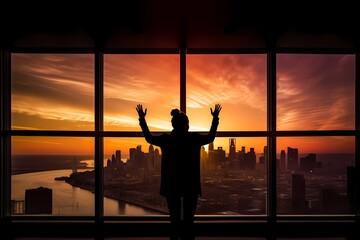 A person businessman standing in front of a large glass window, looking out at the city skyline at sunset. Generative AI