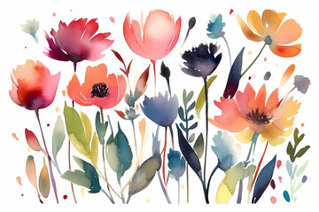 Assortment of flowers in watercolor on a white background. AI Generated Image.