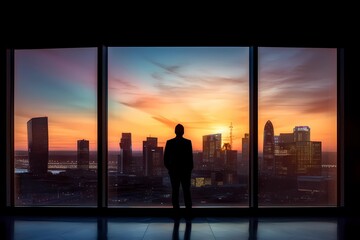 Fototapeta na wymiar A person businessman standing in front of a large glass window, looking out at the city skyline at sunset. Generative AI