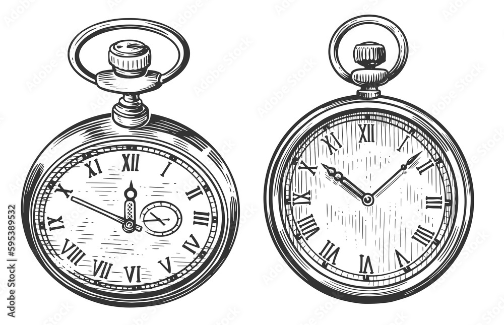 Wall mural antique pocket watch isolated. vintage engraved illustration