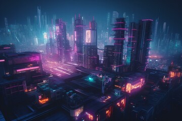 Futuristic city with blue and pink neon lights. Night scene with visionary buildings. Generative AI - obrazy, fototapety, plakaty