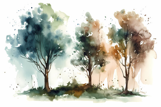 Abstract watercolor trees on a white background. AI Generated Image