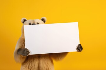 Bear with blank sign, white poster with blank copy space. Generative AI.