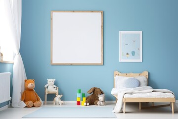 Cute kids room with blank picture frame. Generative AI.