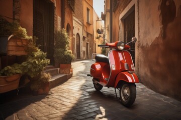 Naklejka na ściany i meble Italy travel poster with scooter on the street. Generative AI.