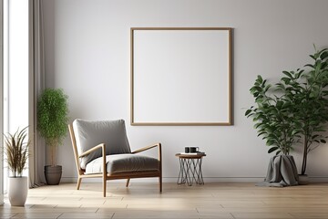 Modern living room with blank picture frame. Generative AI.
