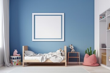 Kids room with blank picture frame. Generative AI.