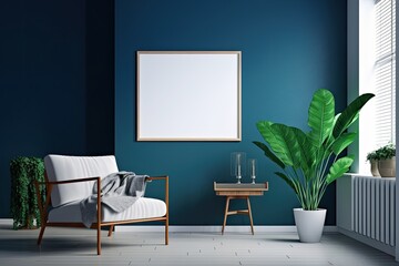 Blue living room with blank picture frame. Generative AI.