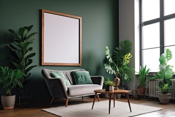 Green living room with blank picture frame. Generative AI.