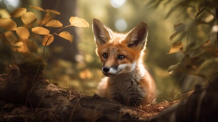 Baby fox in sunny forest generative ai