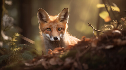 Naklejka na ściany i meble Baby fox in sunny forest generative ai