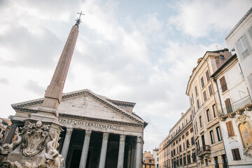 Looking Up View of the Pantheon in Rome, Italy on a cloudy day