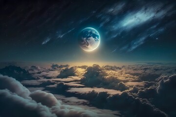 Naklejka na ściany i meble Moon over clouds. Illuminate full moon above the sky clouds. Magical dreamy atmosphere with lunar over the cloud as heaven fantasy. Moonlight cloudspace outer space. Generative AI